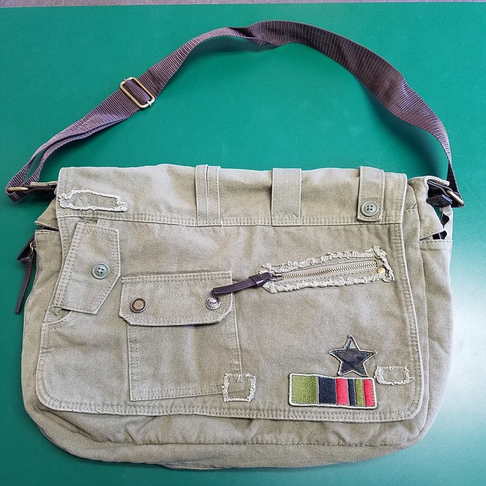 Steampunk Skull Army Style Messenger Bag Canvas Green w/ Patches